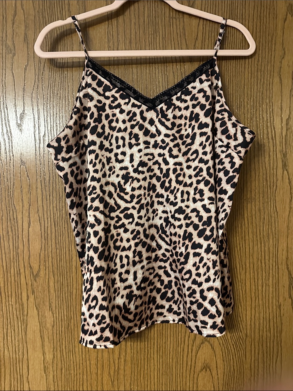 Leopard Print Satin Cami with Lace Trim - Black & Cream